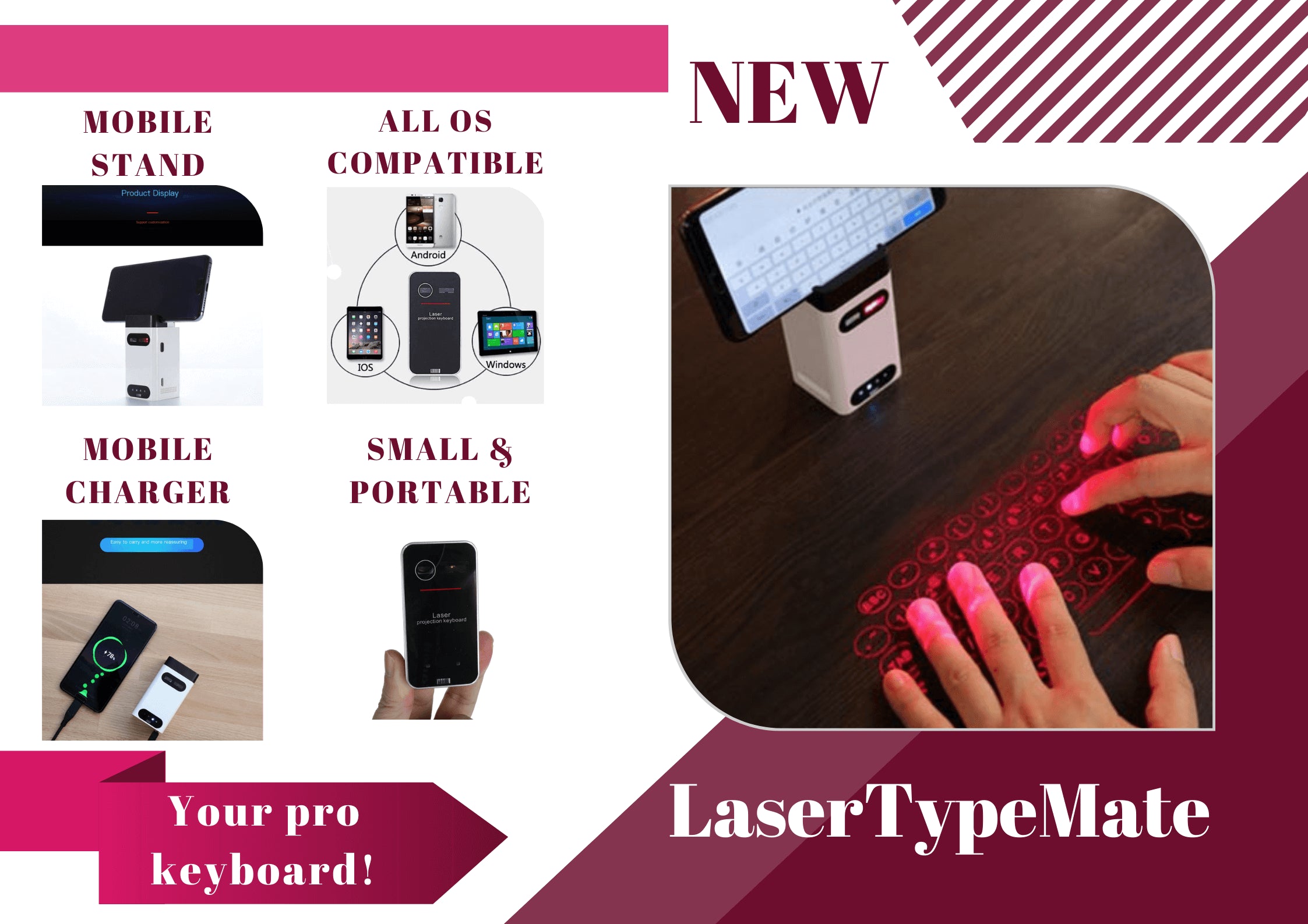 LaserTypeMate : Laser Virtual Keyboard - Bluetooth Wireless Portable Laser Projection Keyboard for Smartphones, Tablets, and Laptops - Compact, Lightweight Typing Solution for Modern Life ✨📱💻 - INNOVA TRENDY