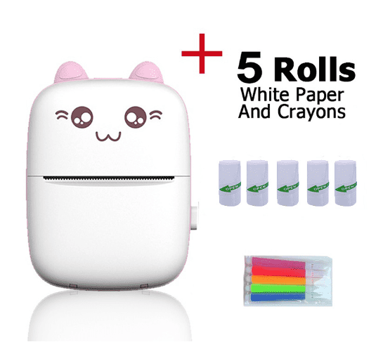 Tagmate Ink-free printing with high-speed thermal technology Pink Color + 5 Rolls of White Paper and Crayons- Innova Trendy