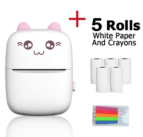 Tagmate Smart portable printer for receipts and small labels Pink Color + 5 Rolls of White Paper and Crayons- Innova Trendy